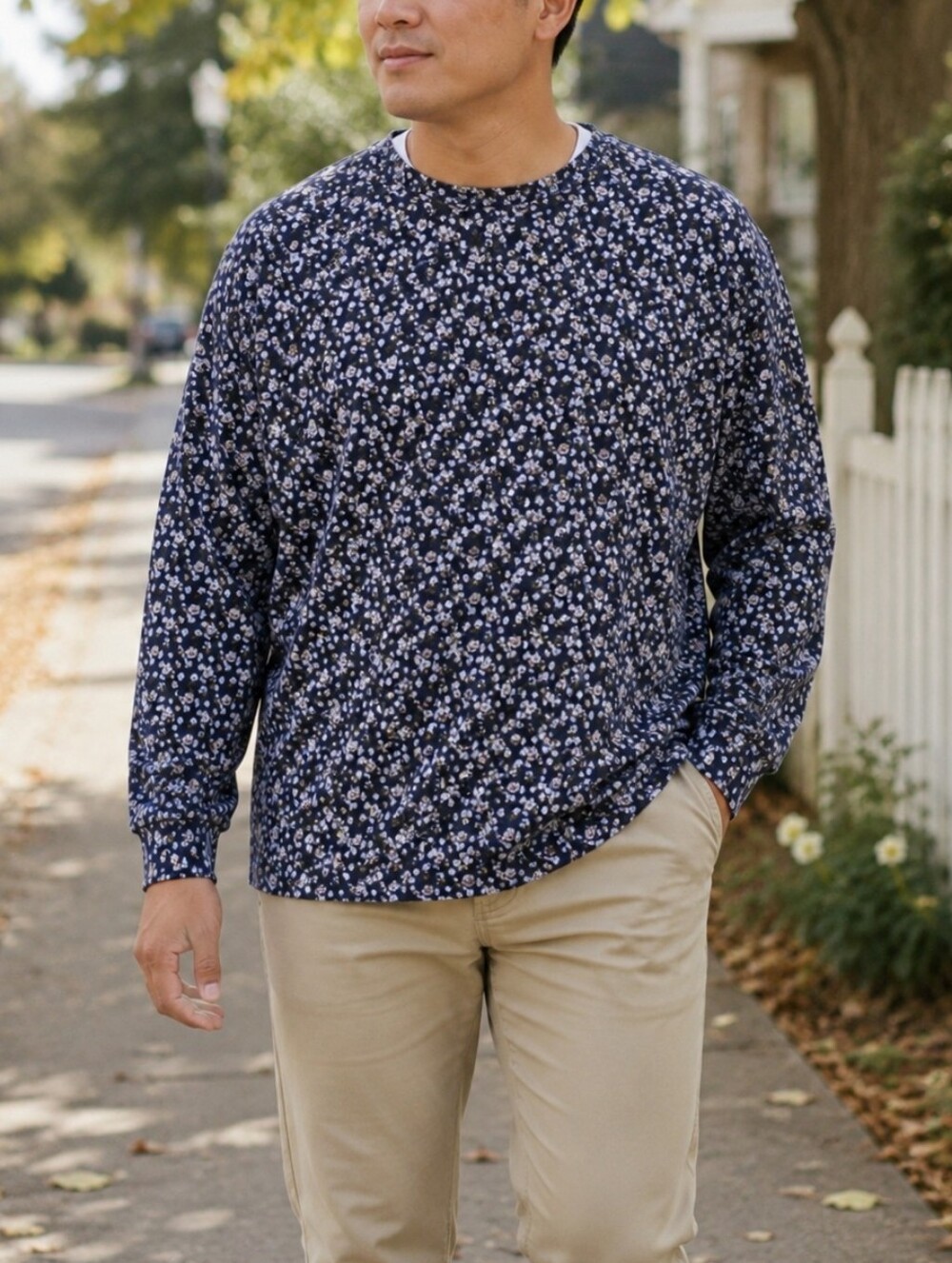 Simons Stretchy Floral Print Sweater Men’s Crew Neck Casual Knit Pullover